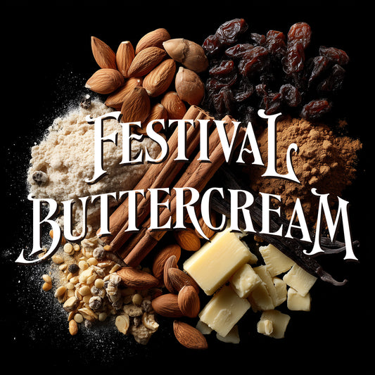 Spices, honeycomb, and vanilla beans with 'Festival Buttercream' text on a dark background