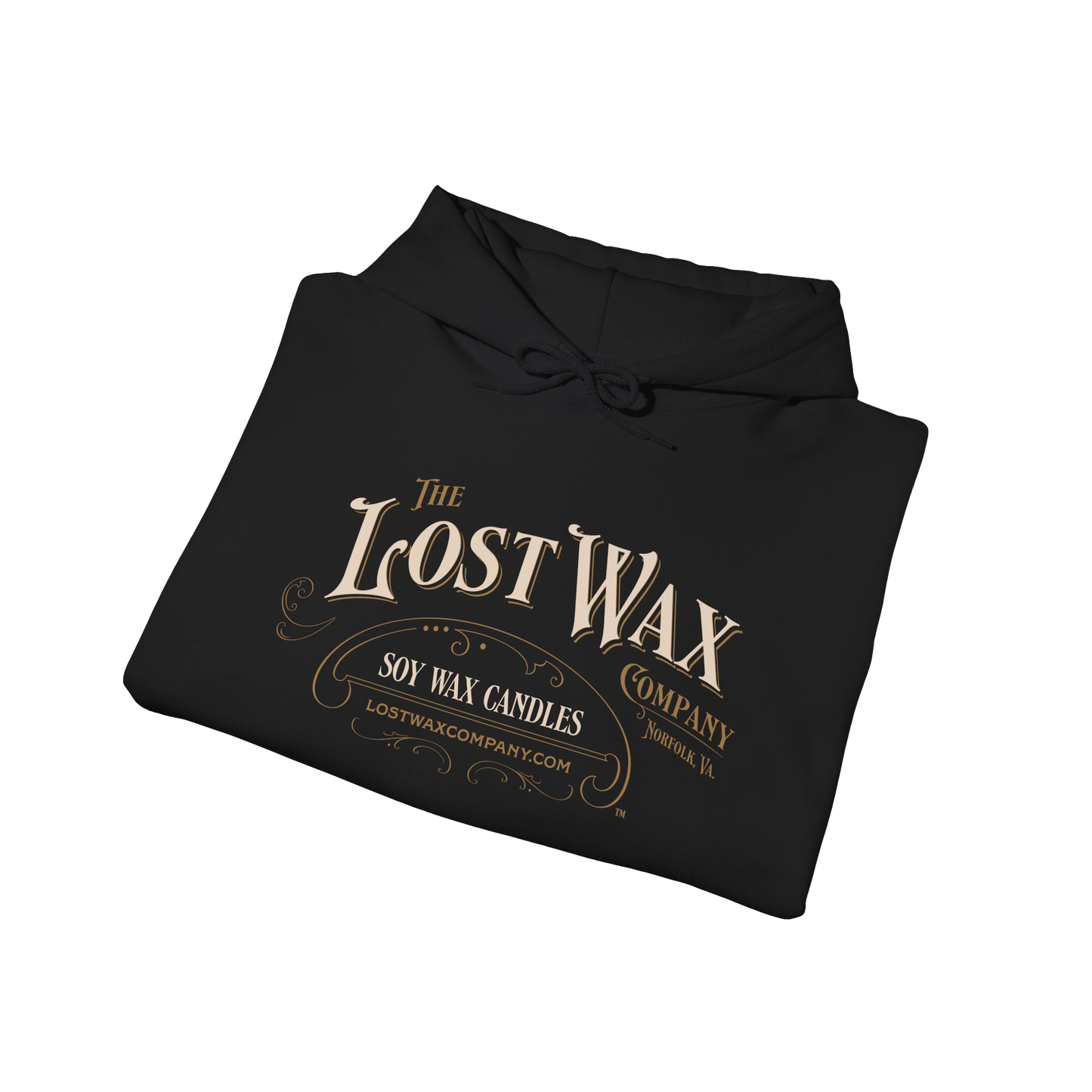 Black hoodie with 'The Lost Wax Company' logo on a white background