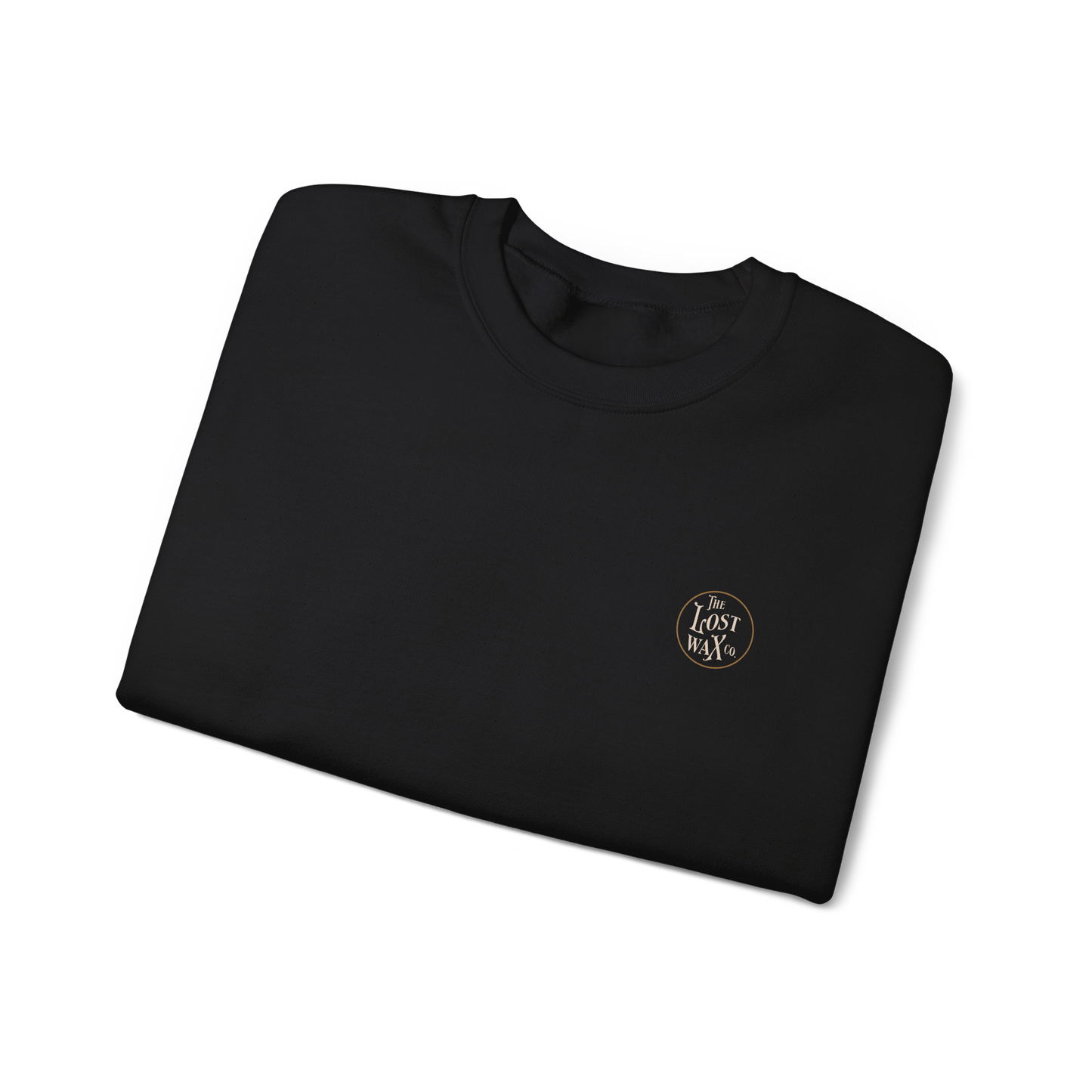 Folded black sweatshirt with a logo on a white background