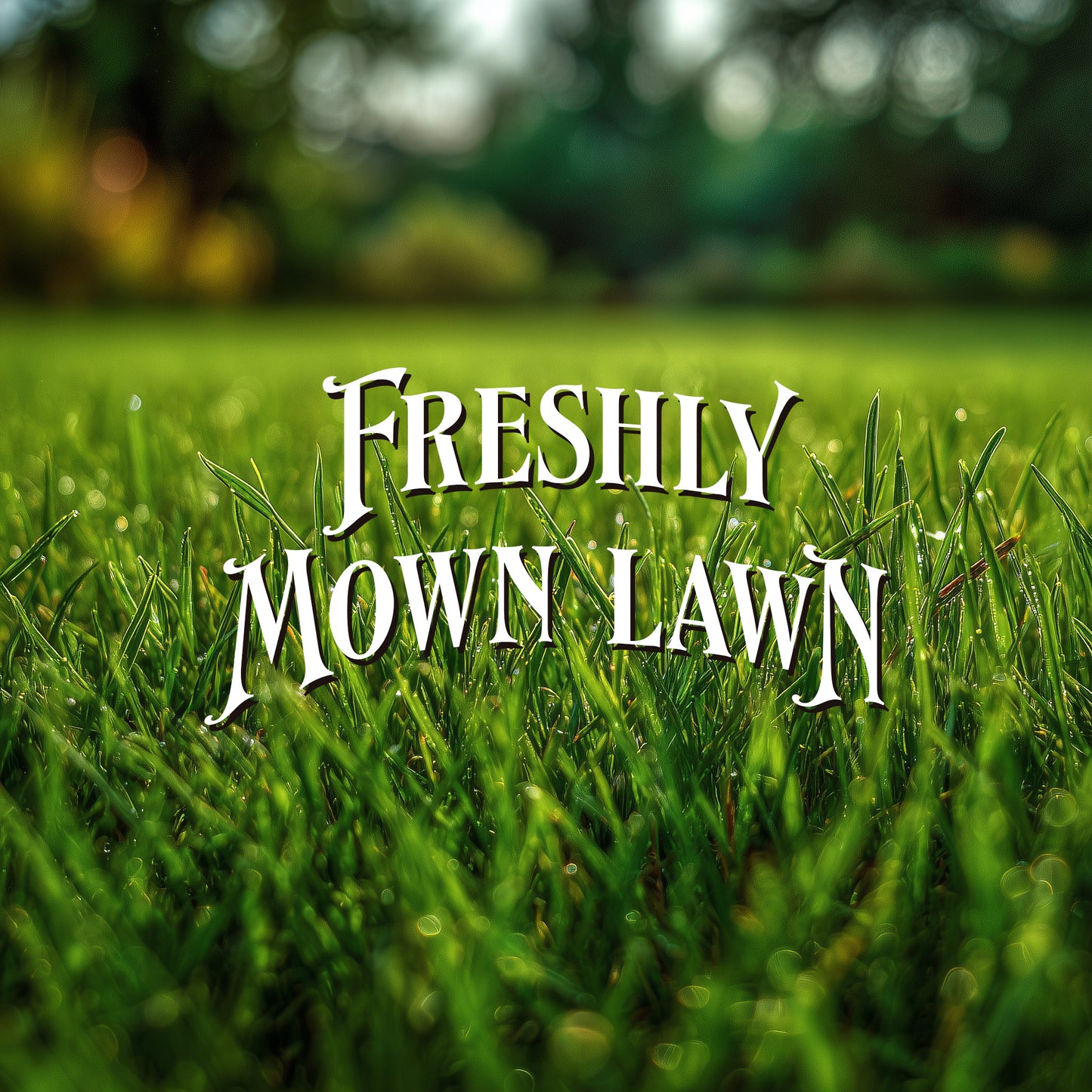 Green lawn with 'FRESHLY MOWN LAWN' text overlay