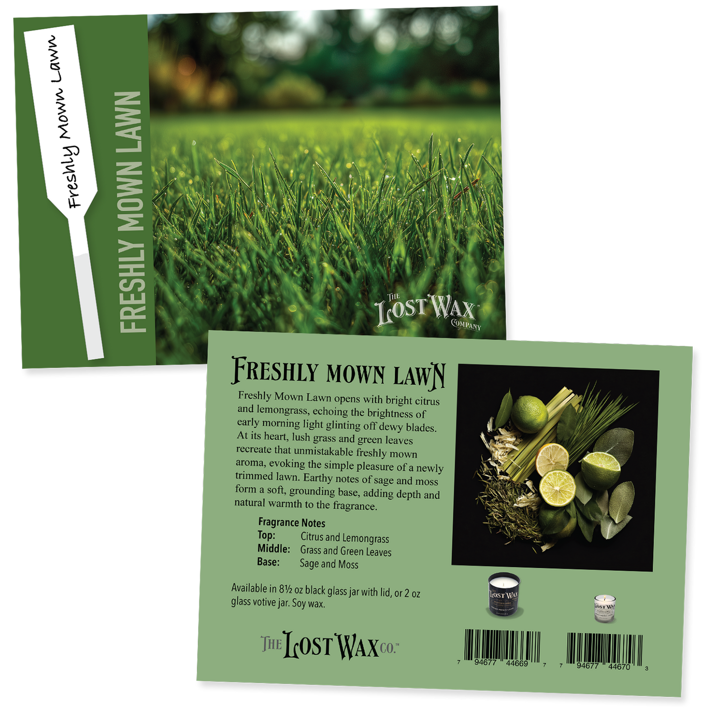 Lost Wax Freshly Mown Lawn fragrance sample card with scent strip and product details.
