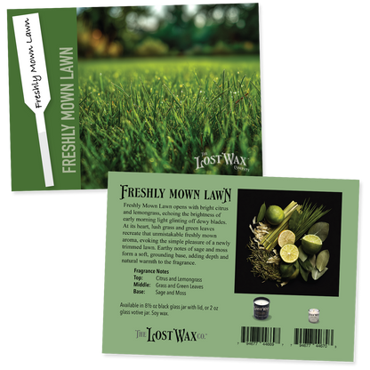 Lost Wax Freshly Mown Lawn fragrance sample card with scent strip and product details.