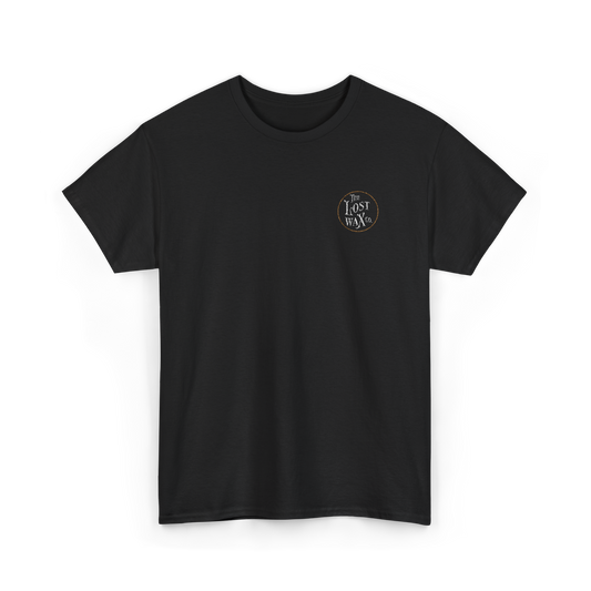 Black t-shirt with a logo on the chest against a white background