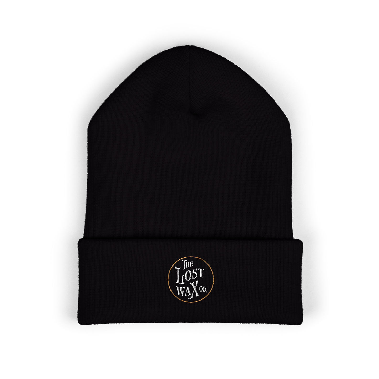 Black beanie with 'The Lost Wax Co.' logo on a white background
