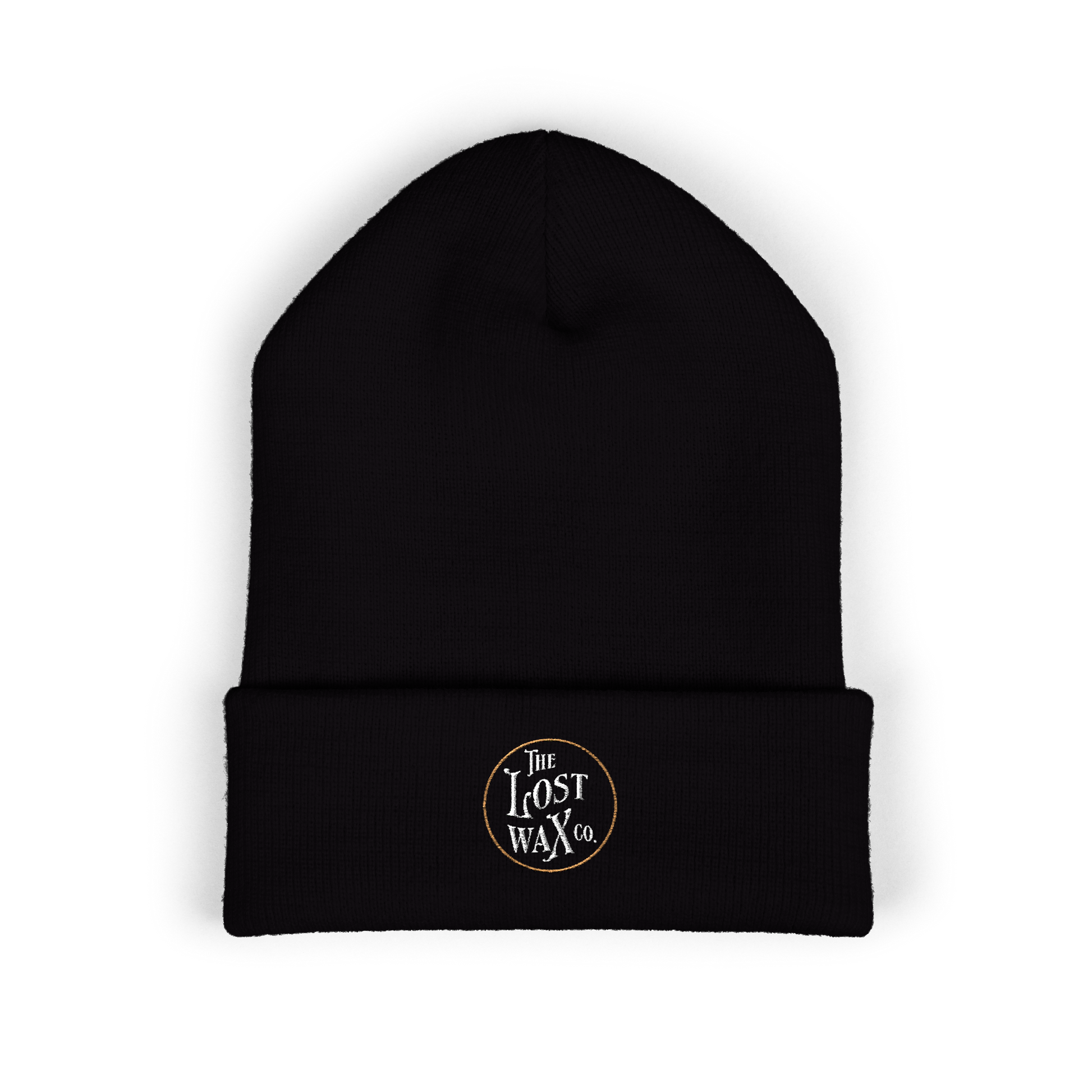 Black beanie with 'The Lost Wax Co.' logo on a white background