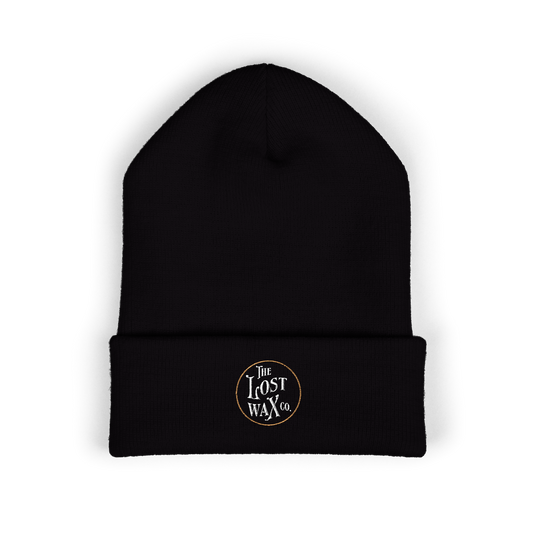 Black beanie with 'The Lost Wax Co.' logo on a white background