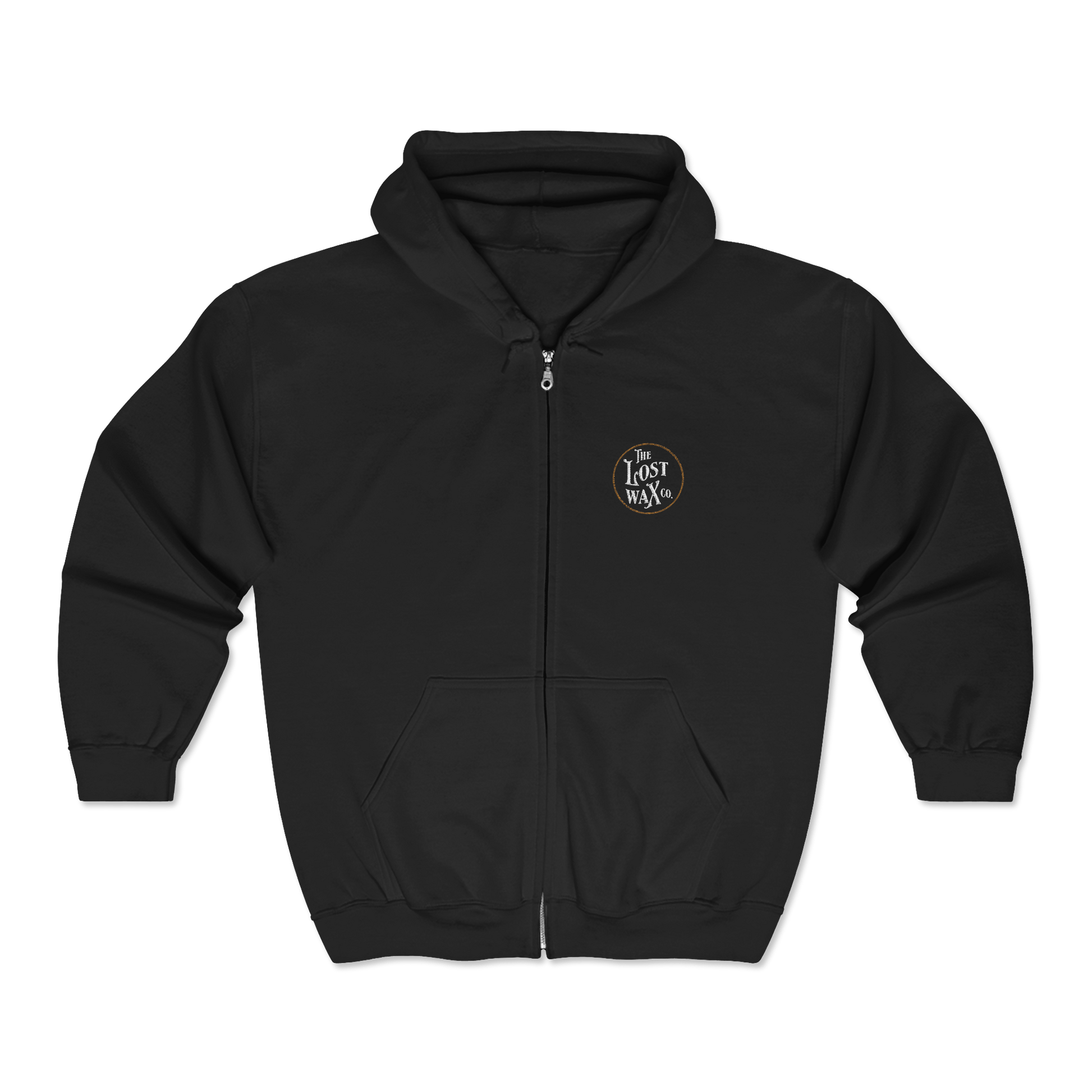 Black hoodie with a logo on the chest against a white background