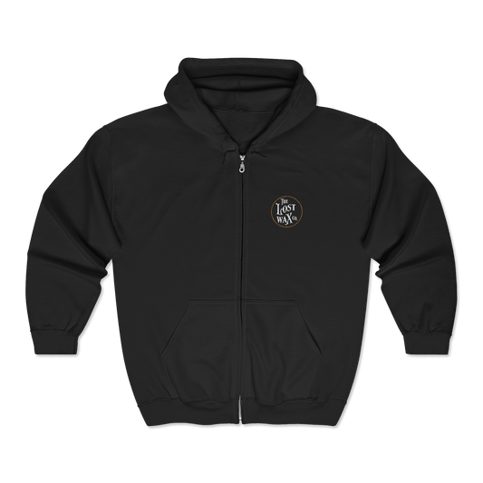 Black hoodie with a logo on the chest against a white background