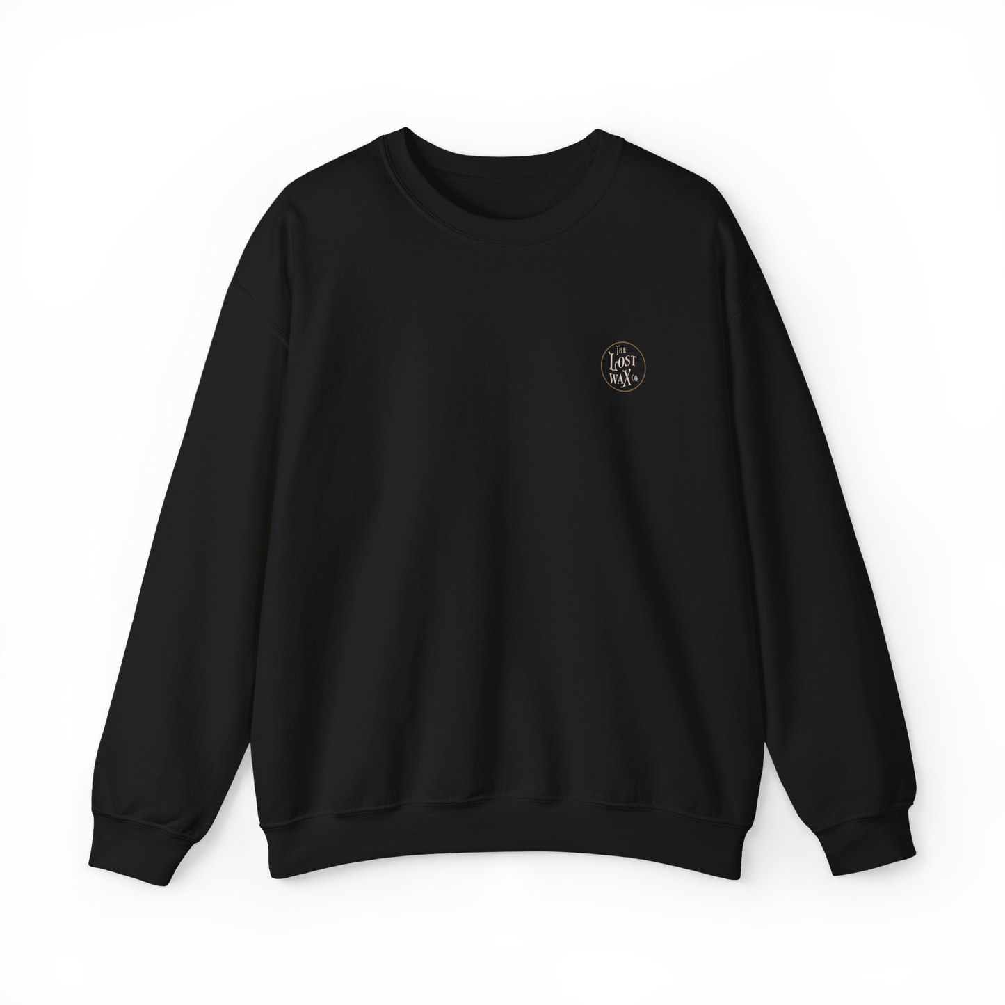 Black sweatshirt with a small logo on the chest against a white background