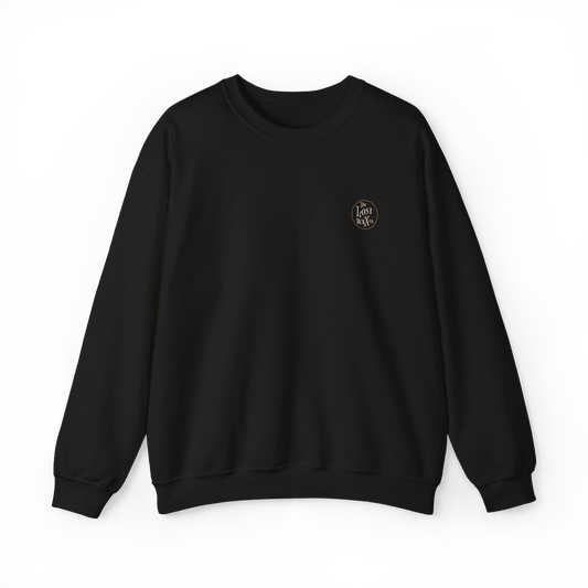 Black sweatshirt with a small logo on the chest against a white background