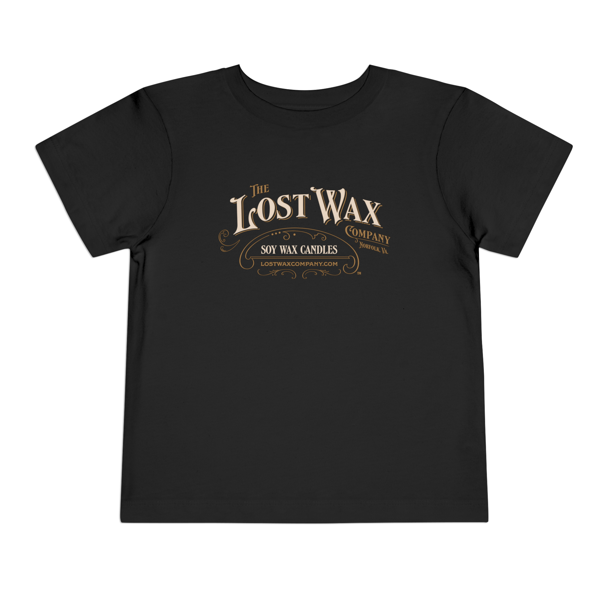 Black t-shirt with 'The Lost Wax Company' logo on a white background