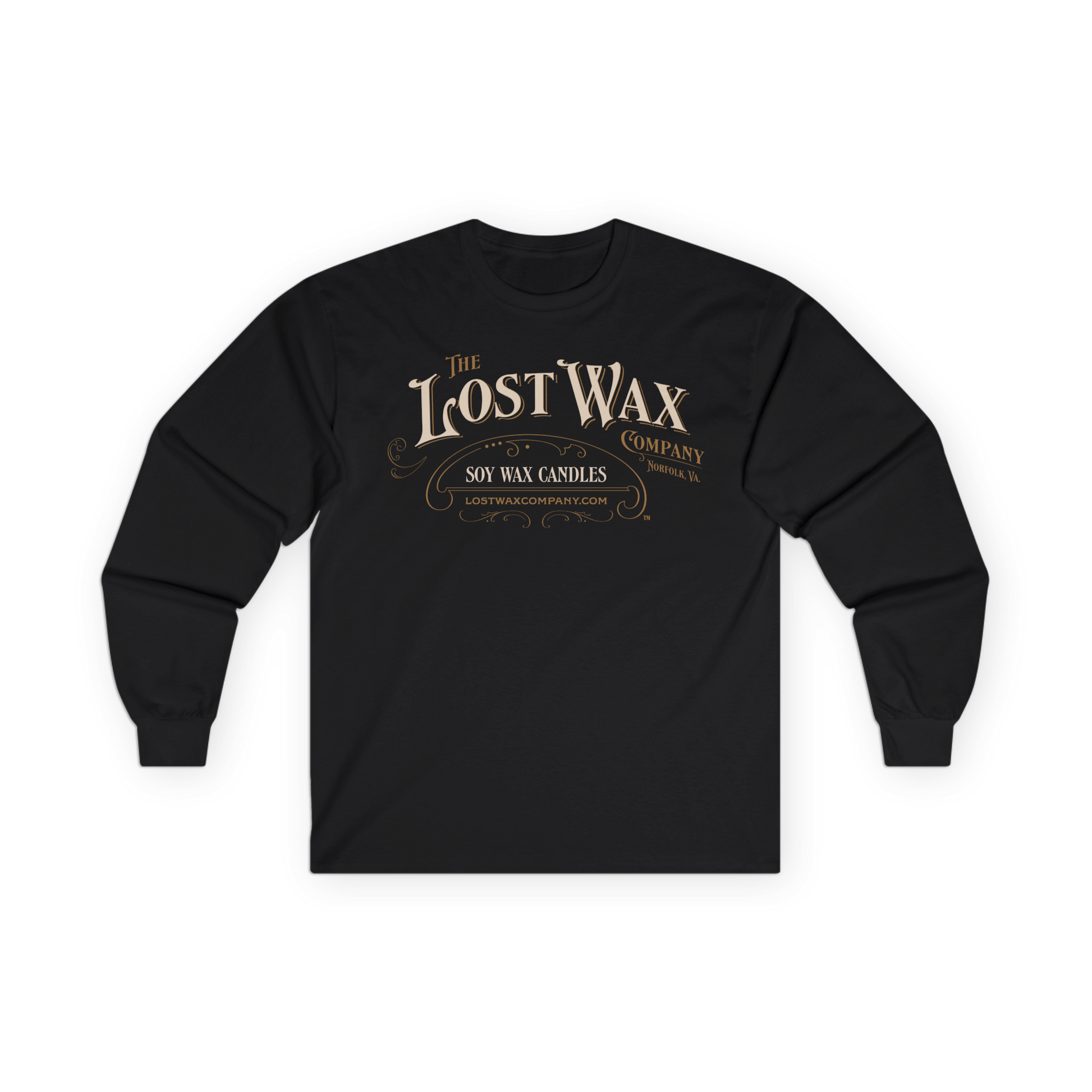 Black long-sleeve shirt with 'The Lost Wax Company' logo on a white background