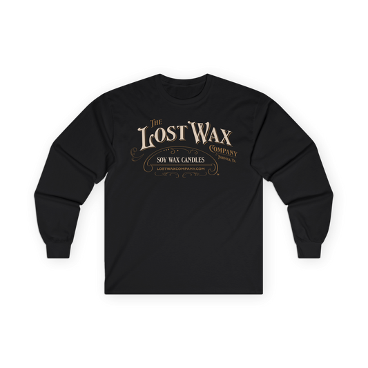 Black long-sleeve shirt with 'The Lost Wax Company' logo on a white background