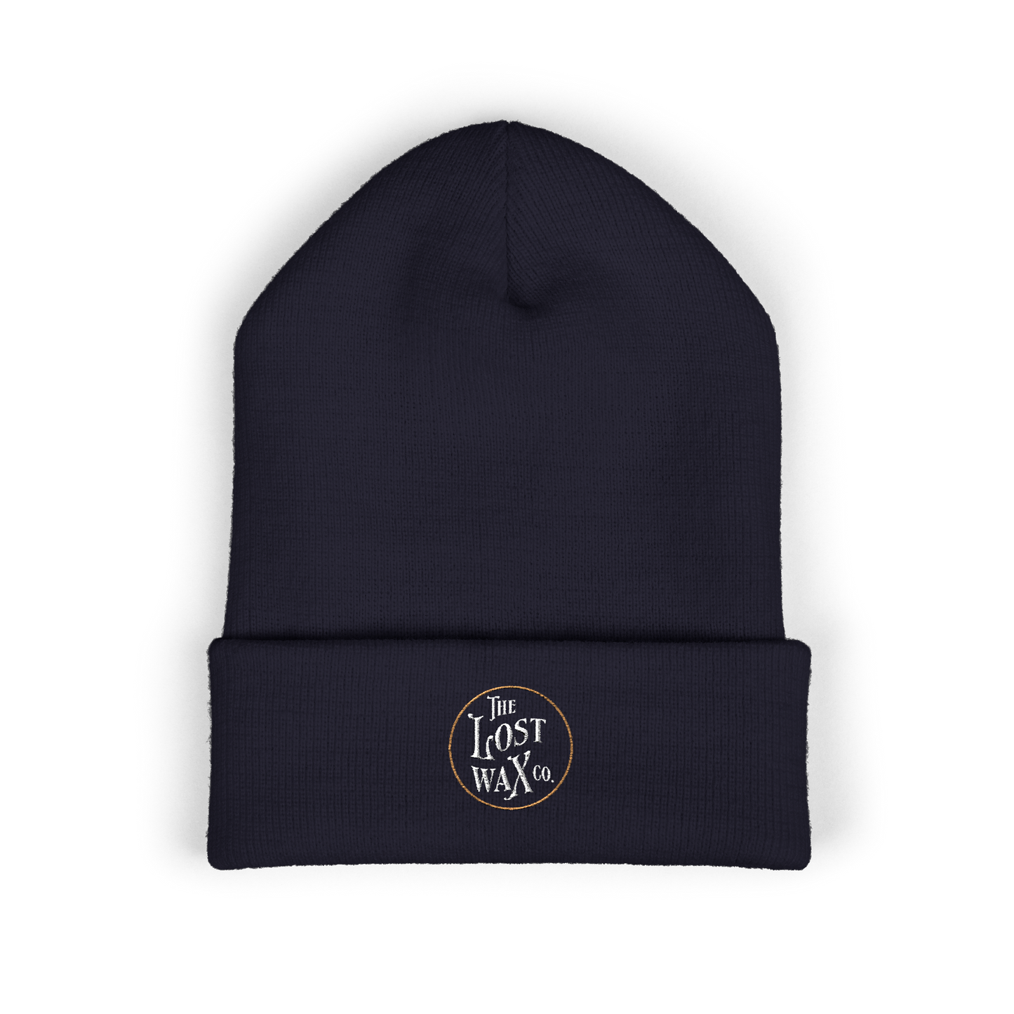 Navy beanie with 'The Lost Wax Co.' logo on a white background