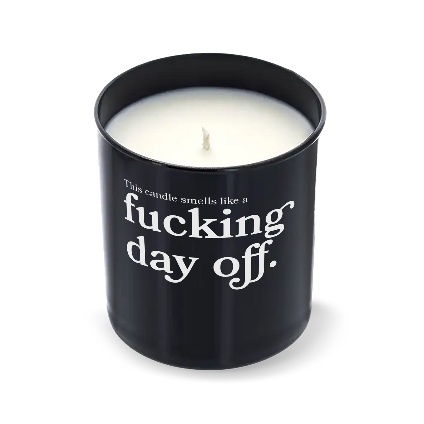 Candle in a black container with text on a white background
