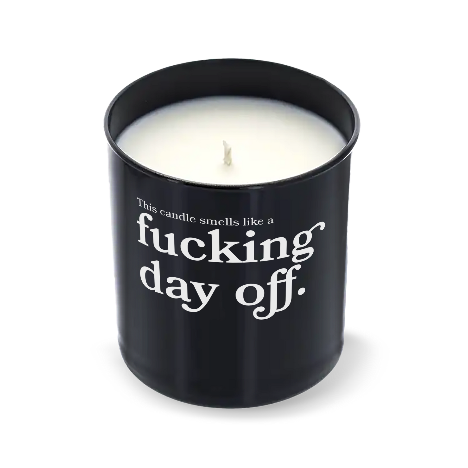 Candle in a black container with text on a white background