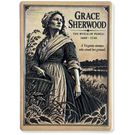 A vintage-style illustrated magnet featuring a sepia-toned portrait of Grace Sherwood holding a basket beside water, with the title text 'Grace Sherwood' and subtitle 'The Witch of Pungo 1660–1740' printed on it.