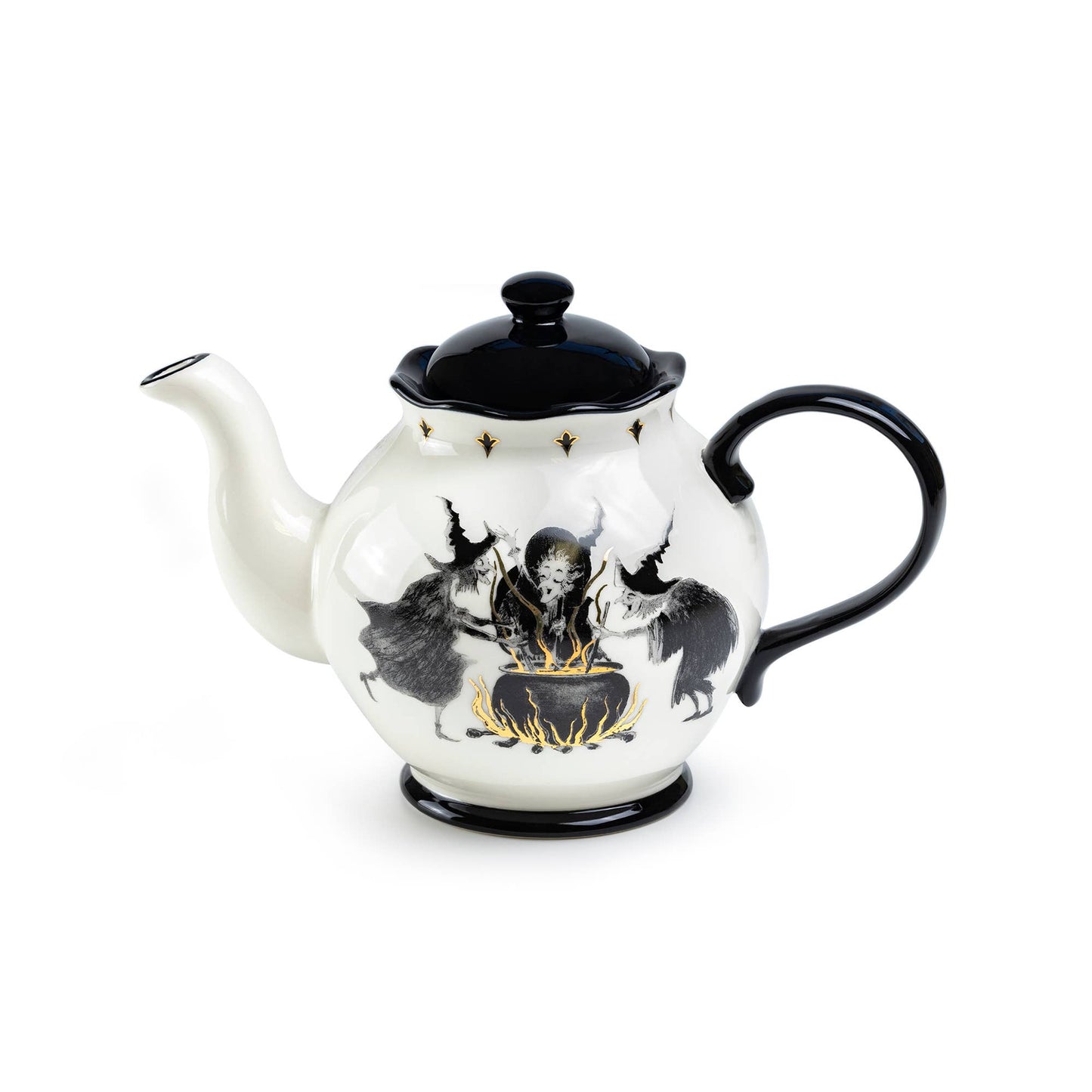 Teapot with black lid and handle featuring a design of three witches around a cauldron on a white background.