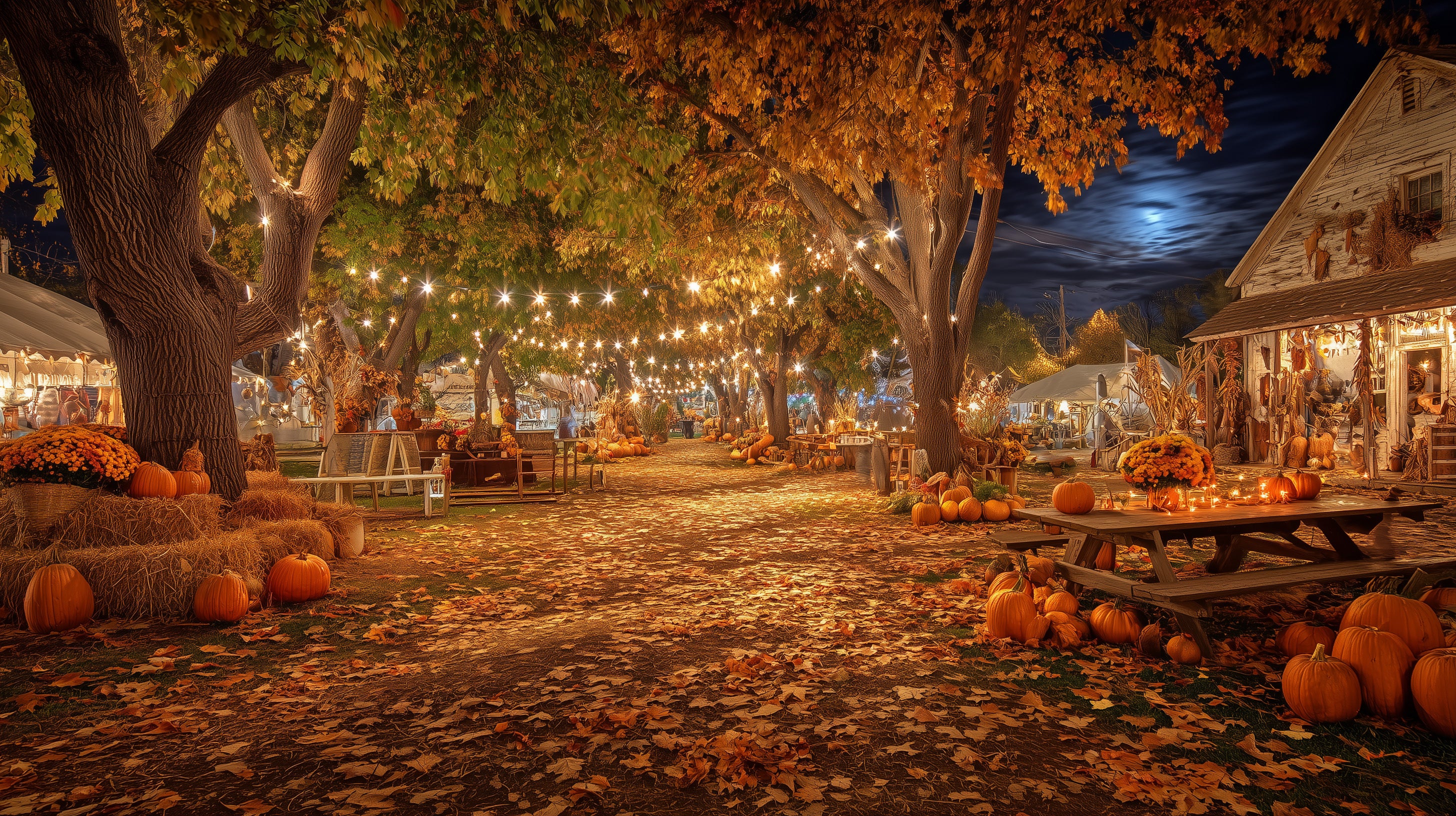 Autumnal scene with pumpkins, lit string lights, and a rustic building at night.