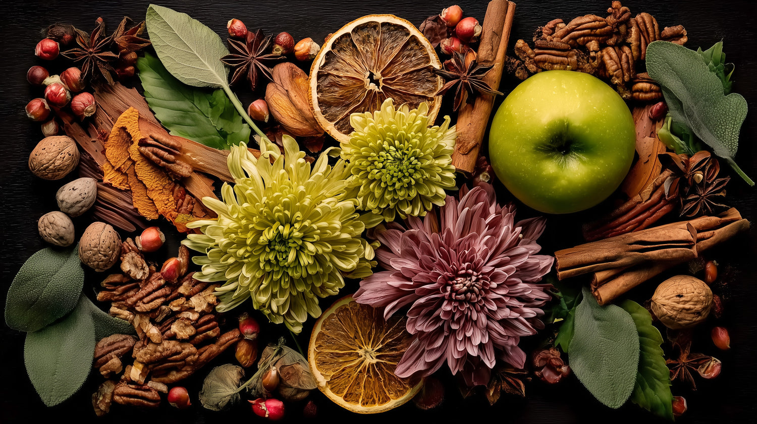 Spices, fruits, and flowers arranged on a dark surface