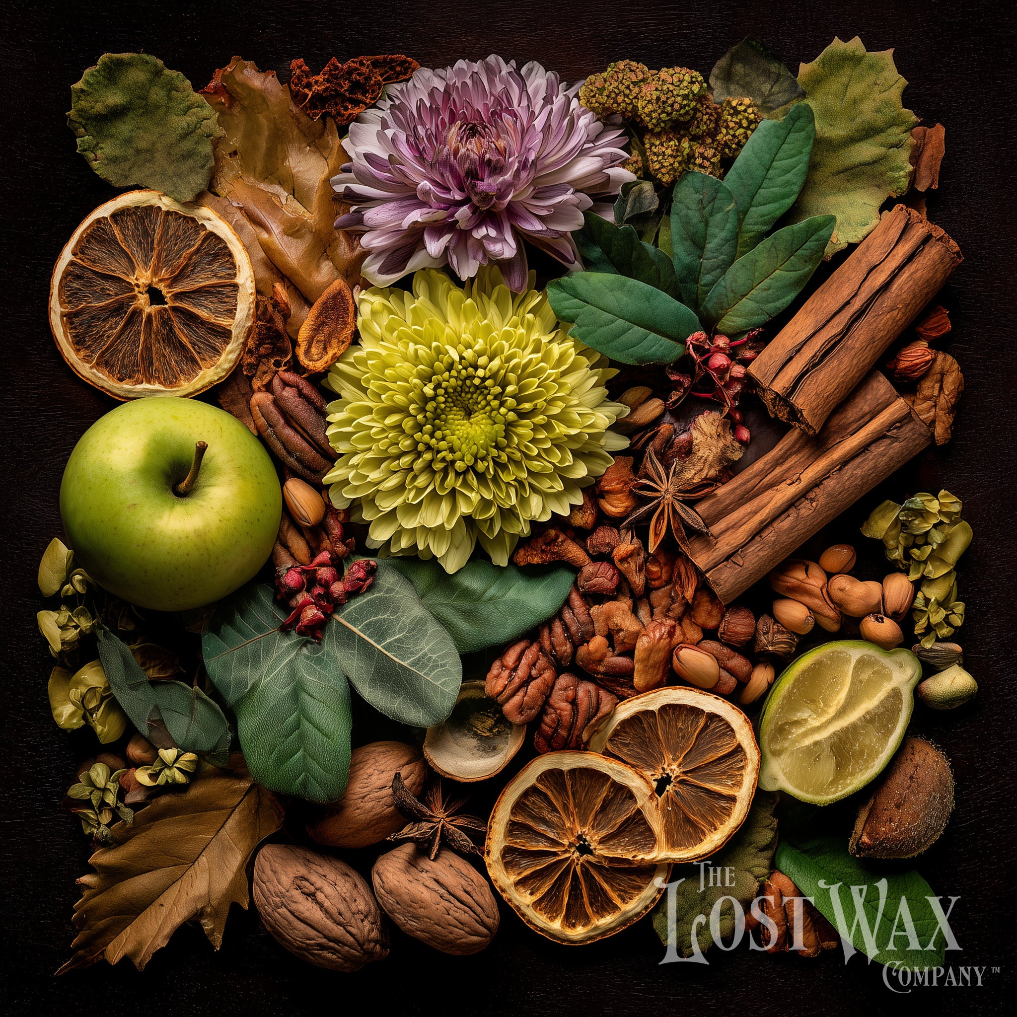 Spices, fruits, and flowers arranged in a circular pattern on a dark background with 'The Lost Wax Company' branding.