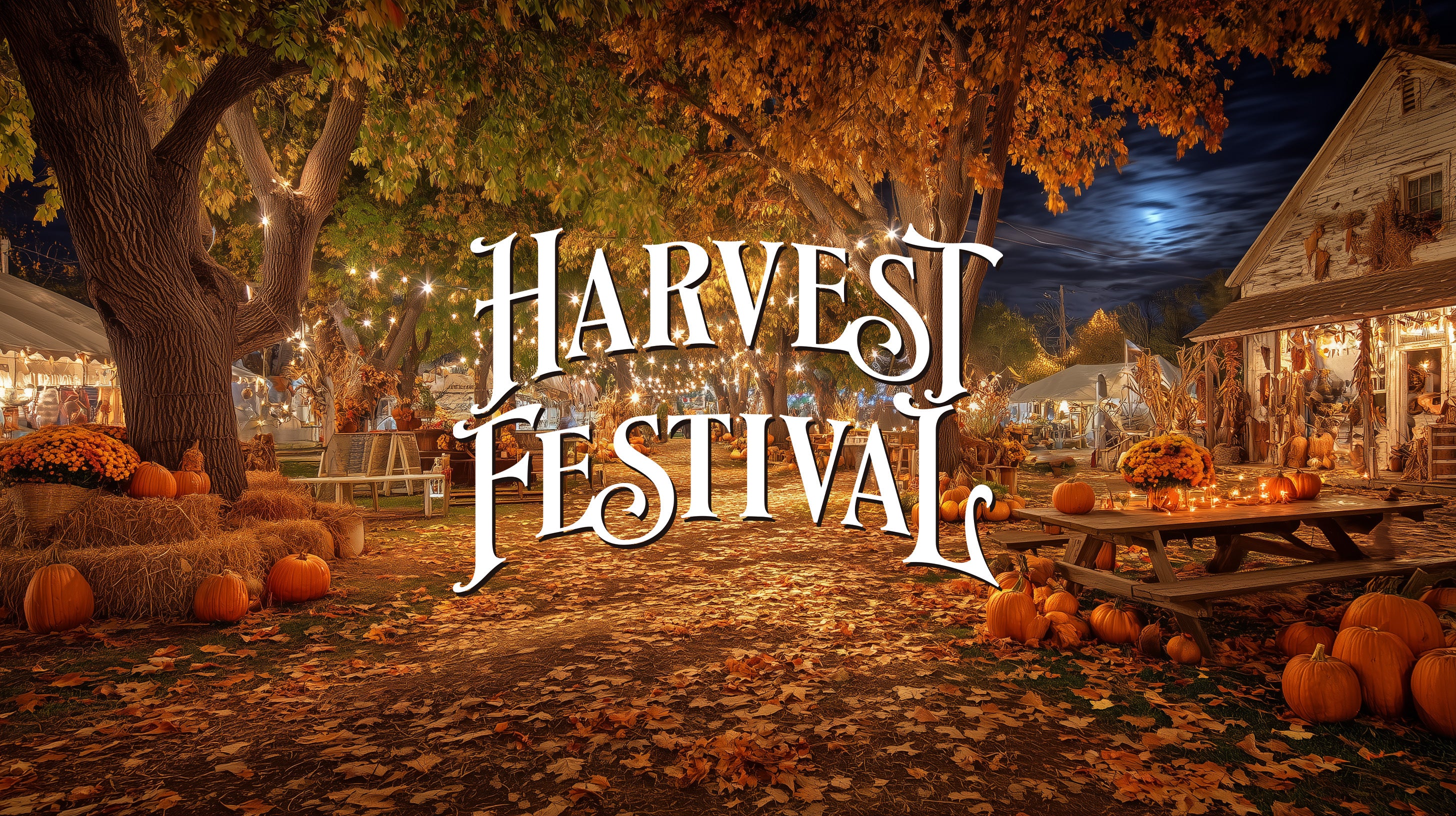 Harvest Festival scene with pumpkins, barn, and autumn foliage at night.