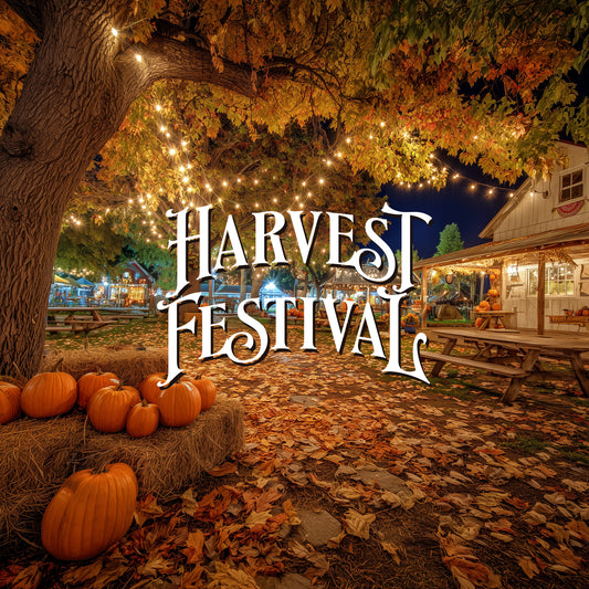 Harvest Festival scene with pumpkins, string lights, and a building in the background.