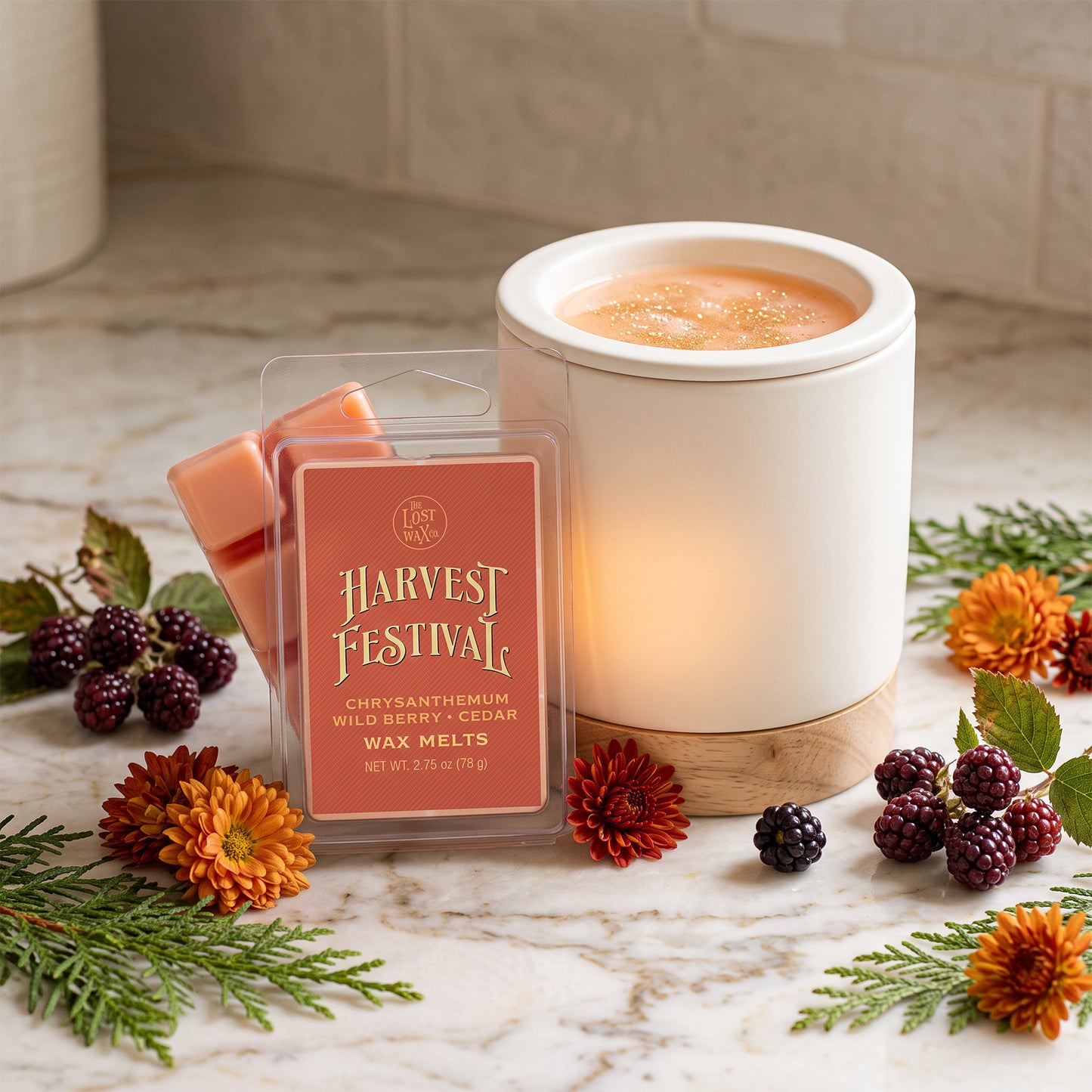 A white wax warmer and a clear package of Harvest Festival wax melts sit on a marble surface with blackberries, orange chrysanthemum flowers, and greenery around them.