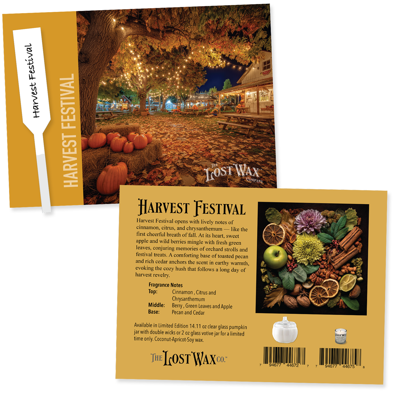 Harvest Festival fragrance sample card with scenic background and product details.