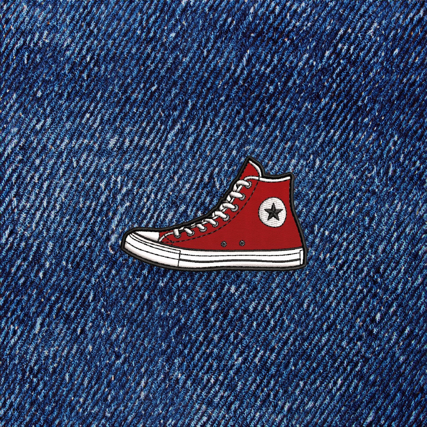 Red High Top Sneaker Iron-on Patch shown on denim by Studio Ten Design