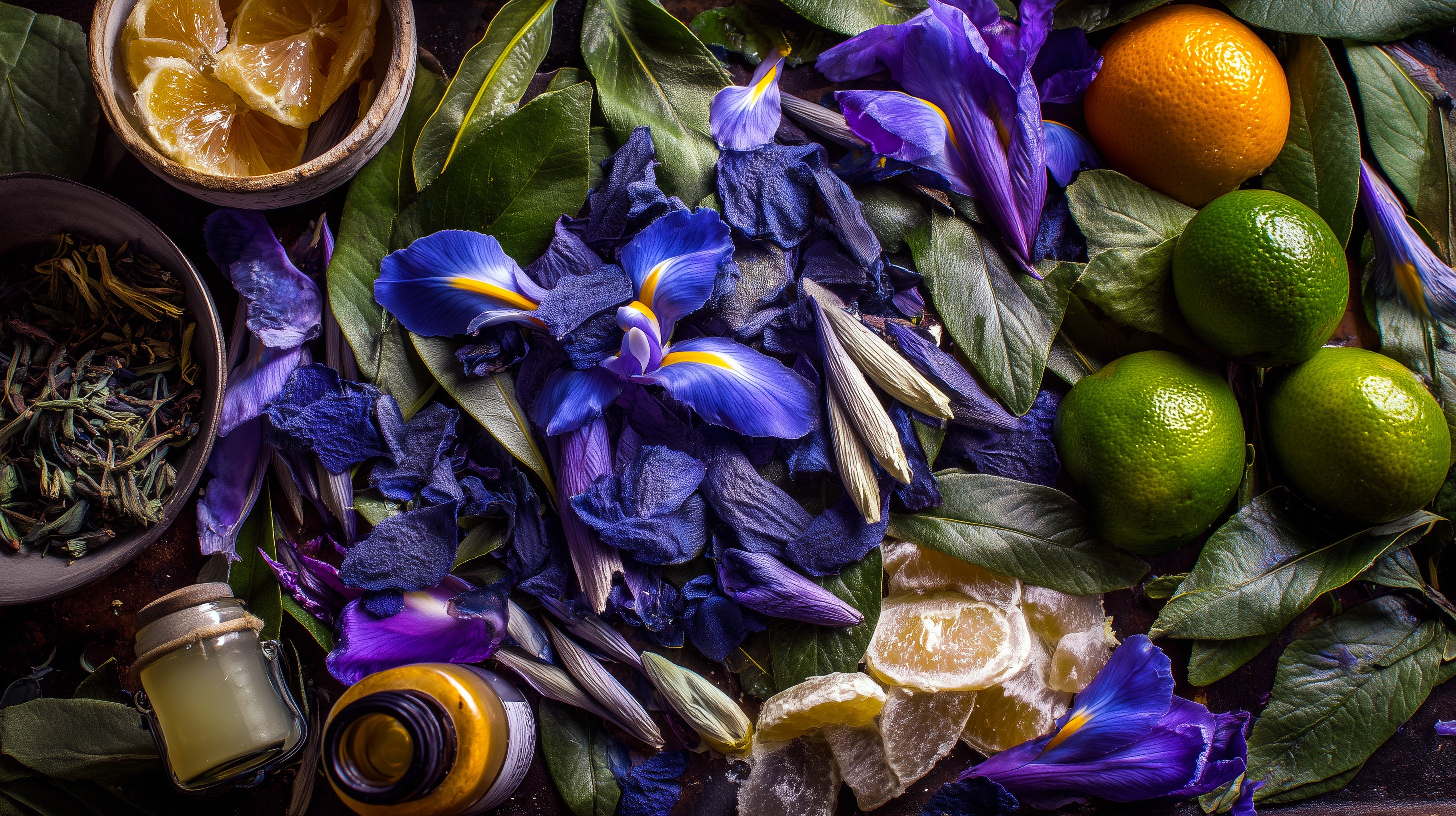 Colorful arrangement of flowers, fruits, and herbs on a dark background