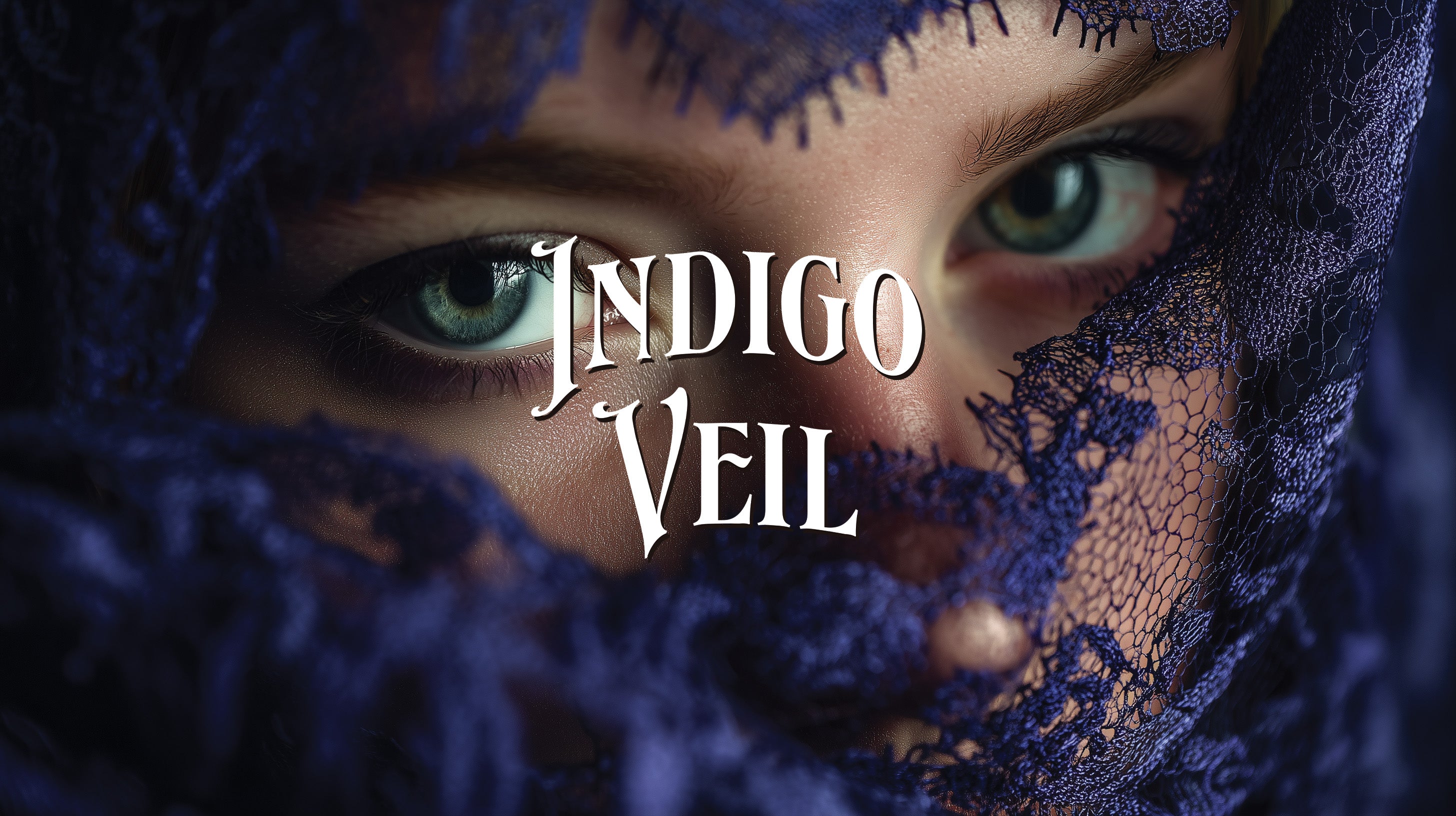 Person wearing a blue lace veil with the text 'Indigo Veil' overlayed.