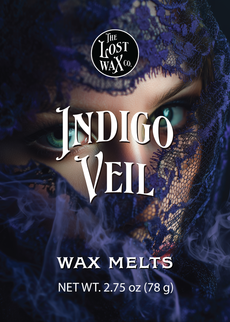 Indigo Veil wax melts packaging with a dark background and lace overlay.
