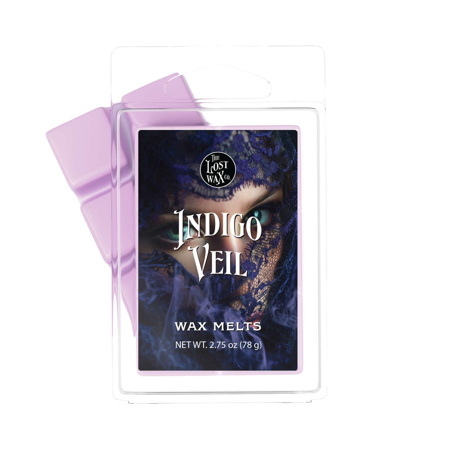 Wax melts packaging with 'Indigo Veil' text and a purple ribbon on a white background