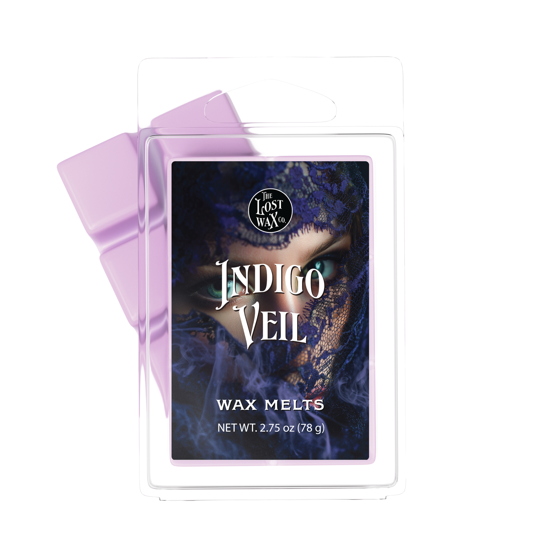 Wax melts packaging with 'Indigo Veil' text and a purple ribbon on a white background