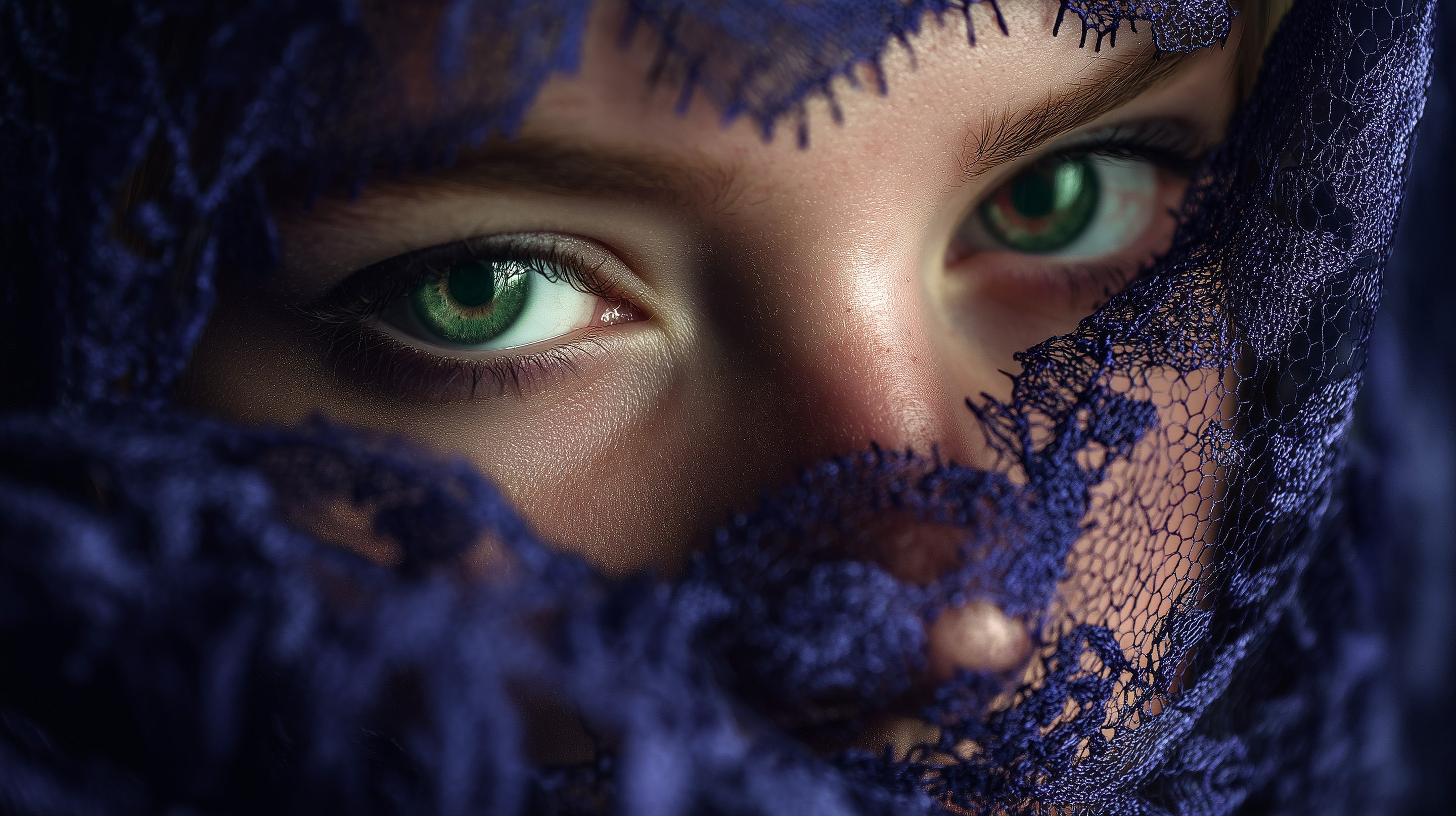 Indigo Veil (Strikingly green eyes peering out from a violet lace veil)
