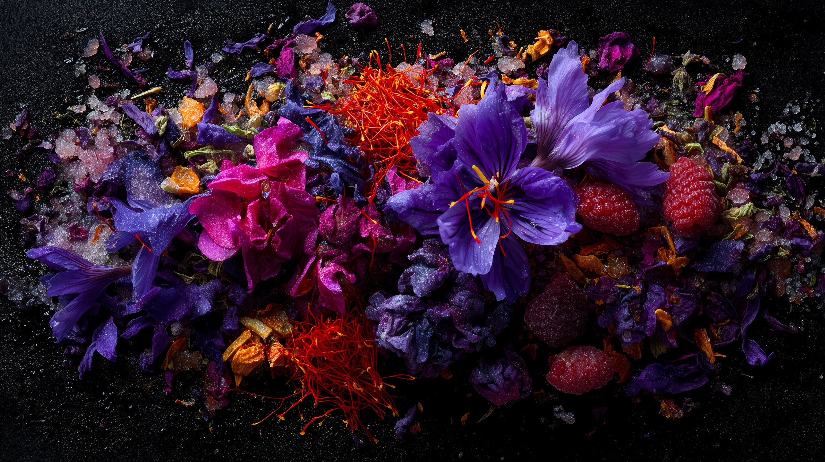 Colorful flowers and saffron on a dark surface