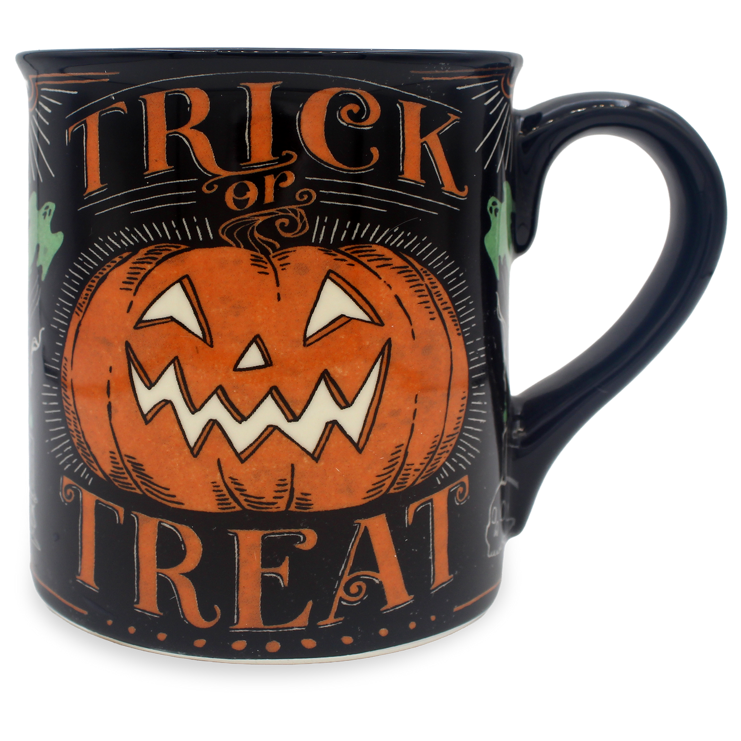 A black ceramic mug with a distressed orange and white Halloween design featuring a jack-o'-lantern and the words 'TRICK or TREAT'.