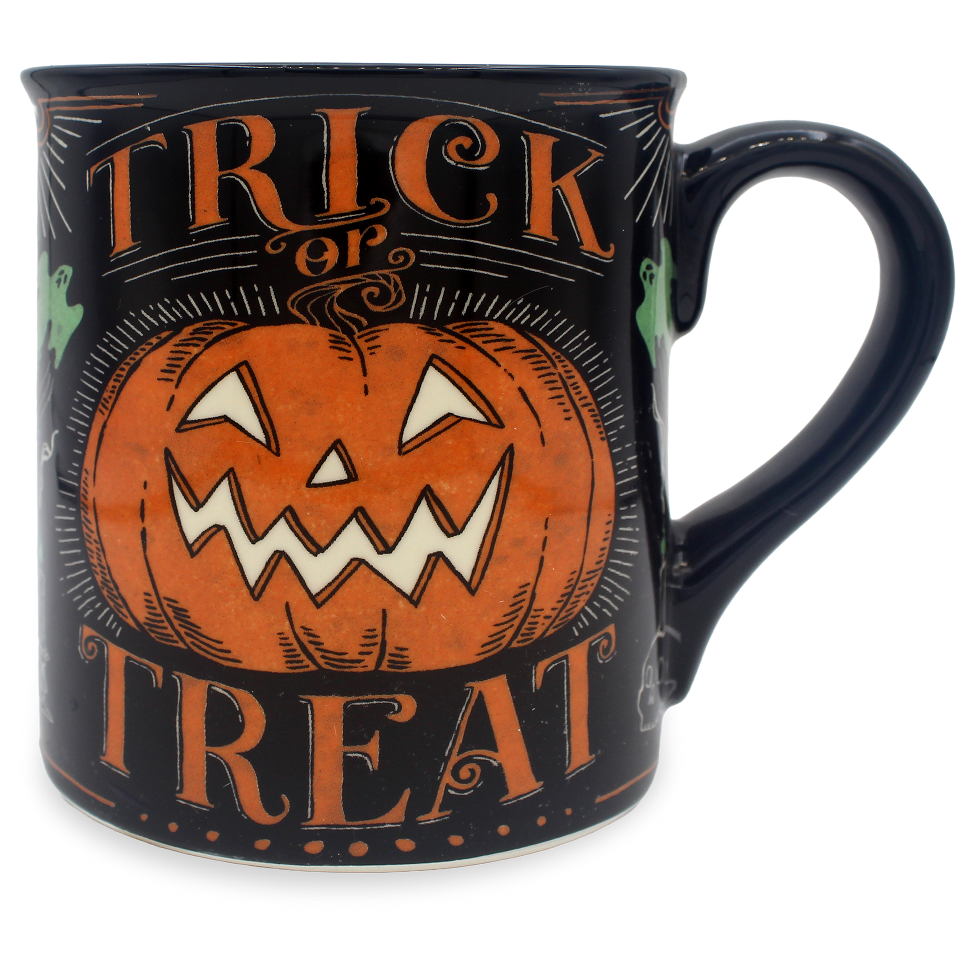 A black ceramic mug with a distressed orange and white Halloween design featuring a jack-o'-lantern and the words 'TRICK or TREAT'.