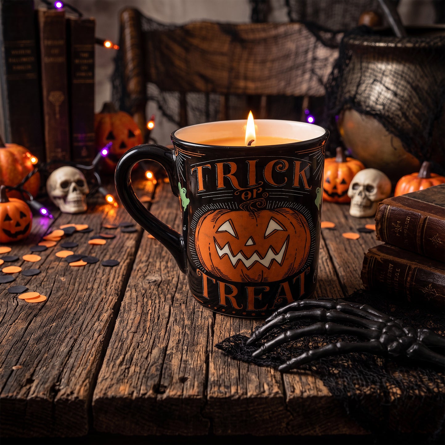 A Halloween-themed candle in a black ceramic mug with 'Trick or Treat' text and a jack-o'-lantern design, set on a rustic wooden table surrounded by spooky props like miniature pumpkins, skulls, books, and black lace.