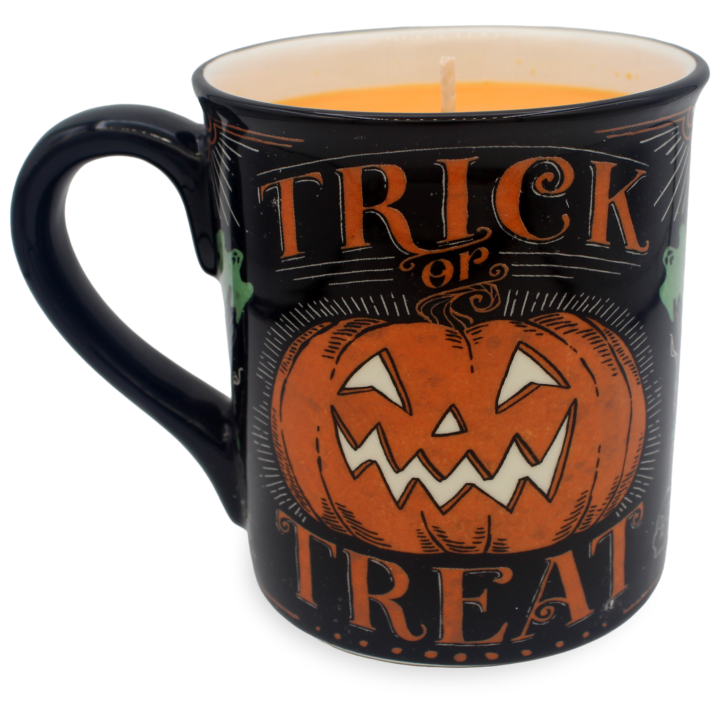 A black ceramic mug candle with a Halloween design, featuring the words 'TRICK or TREAT' and a large orange jack-o'-lantern illustration on the front.