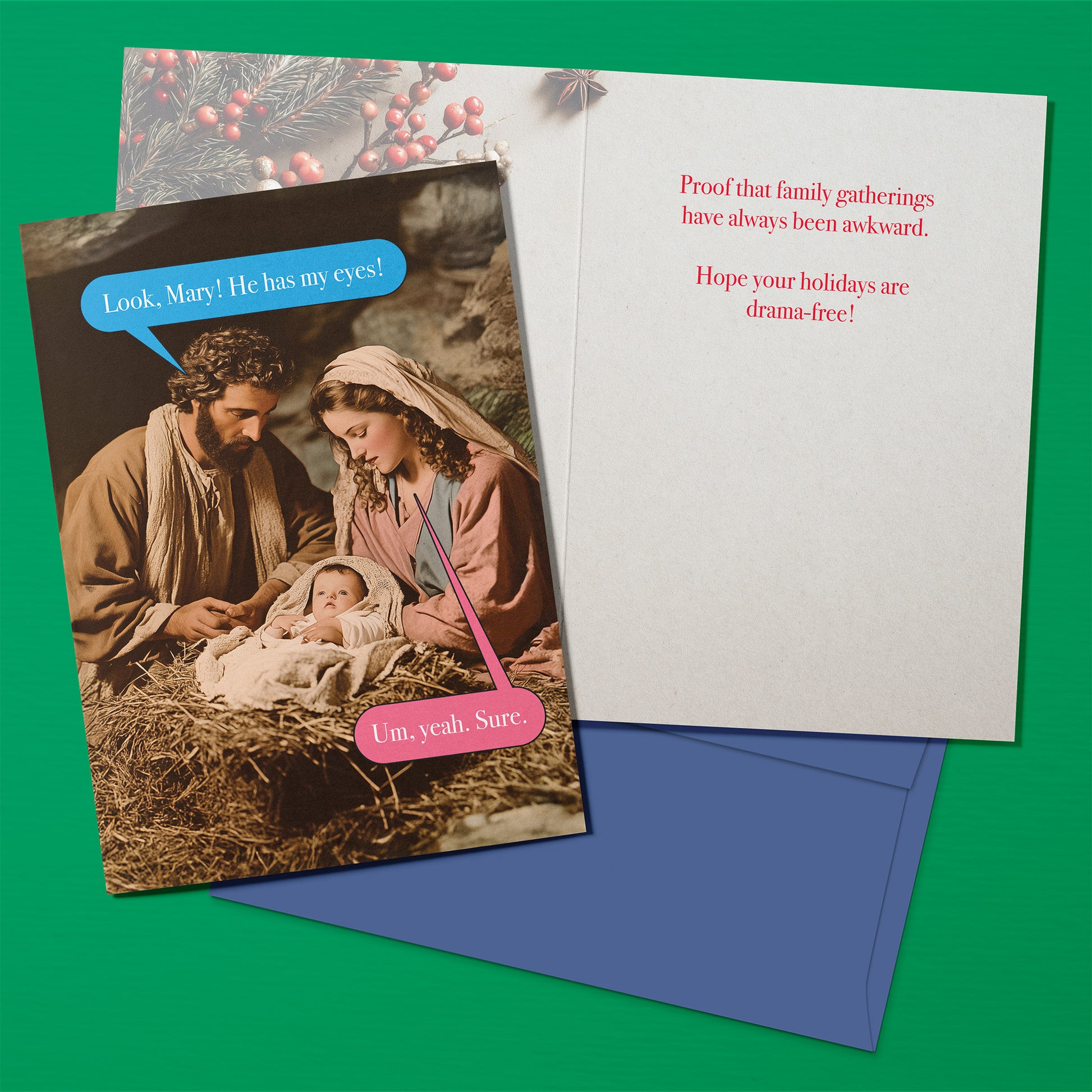 Nativity scene card with humorous text bubbles on a green background