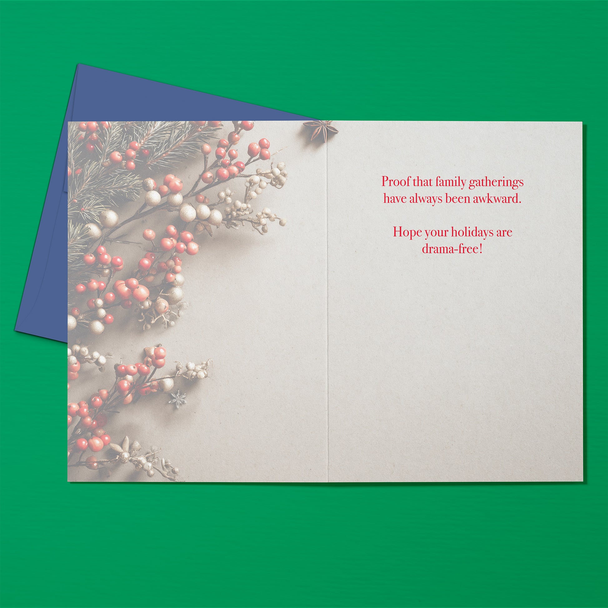 Greeting card with humorous text on a green background