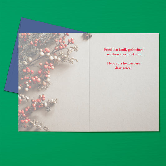 Greeting card with humorous text on a green background