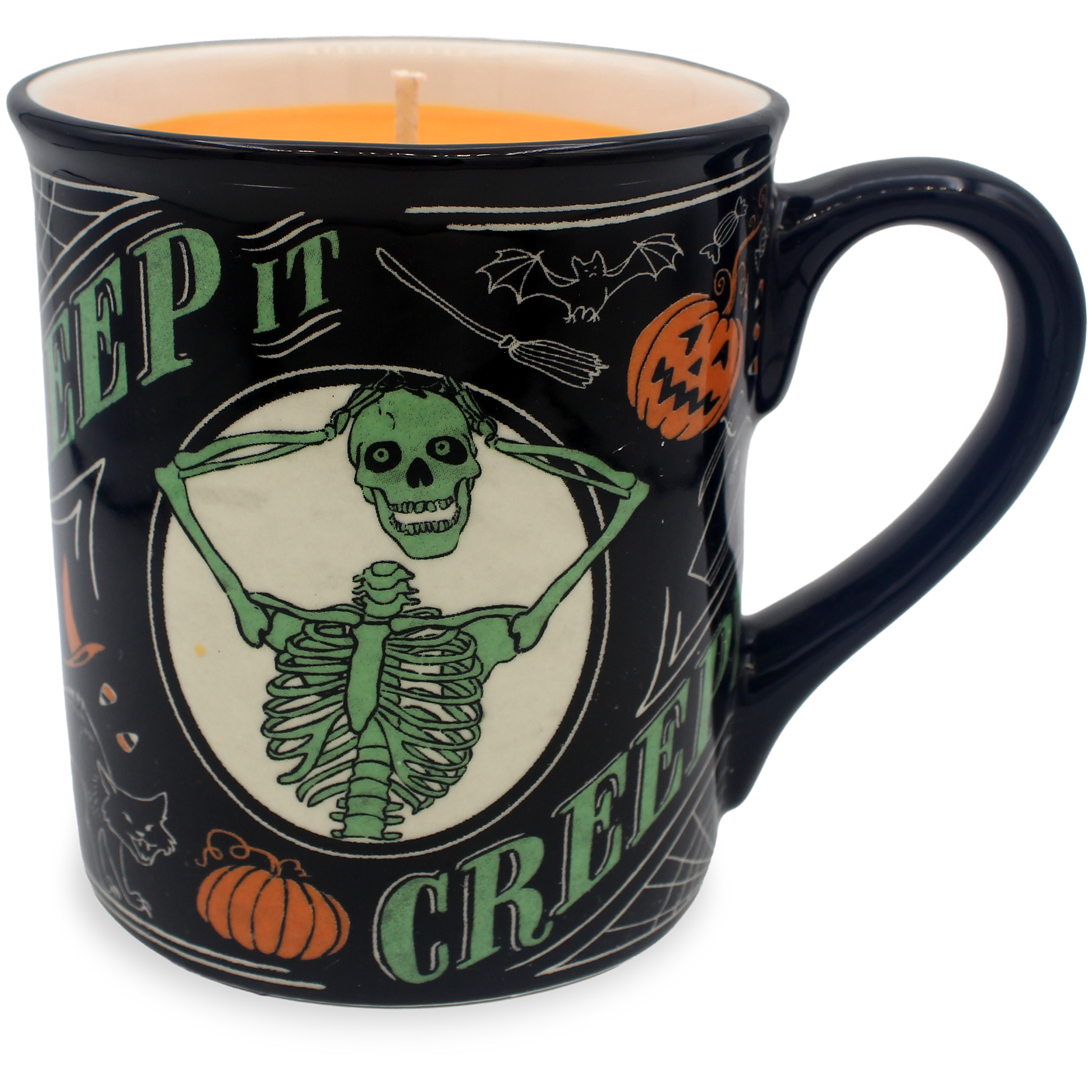 A black ceramic mug with a Halloween design featuring a green skeleton, orange pumpkins, bats, a broomstick, and the words 'KEEP IT CREEPY' on a white background.