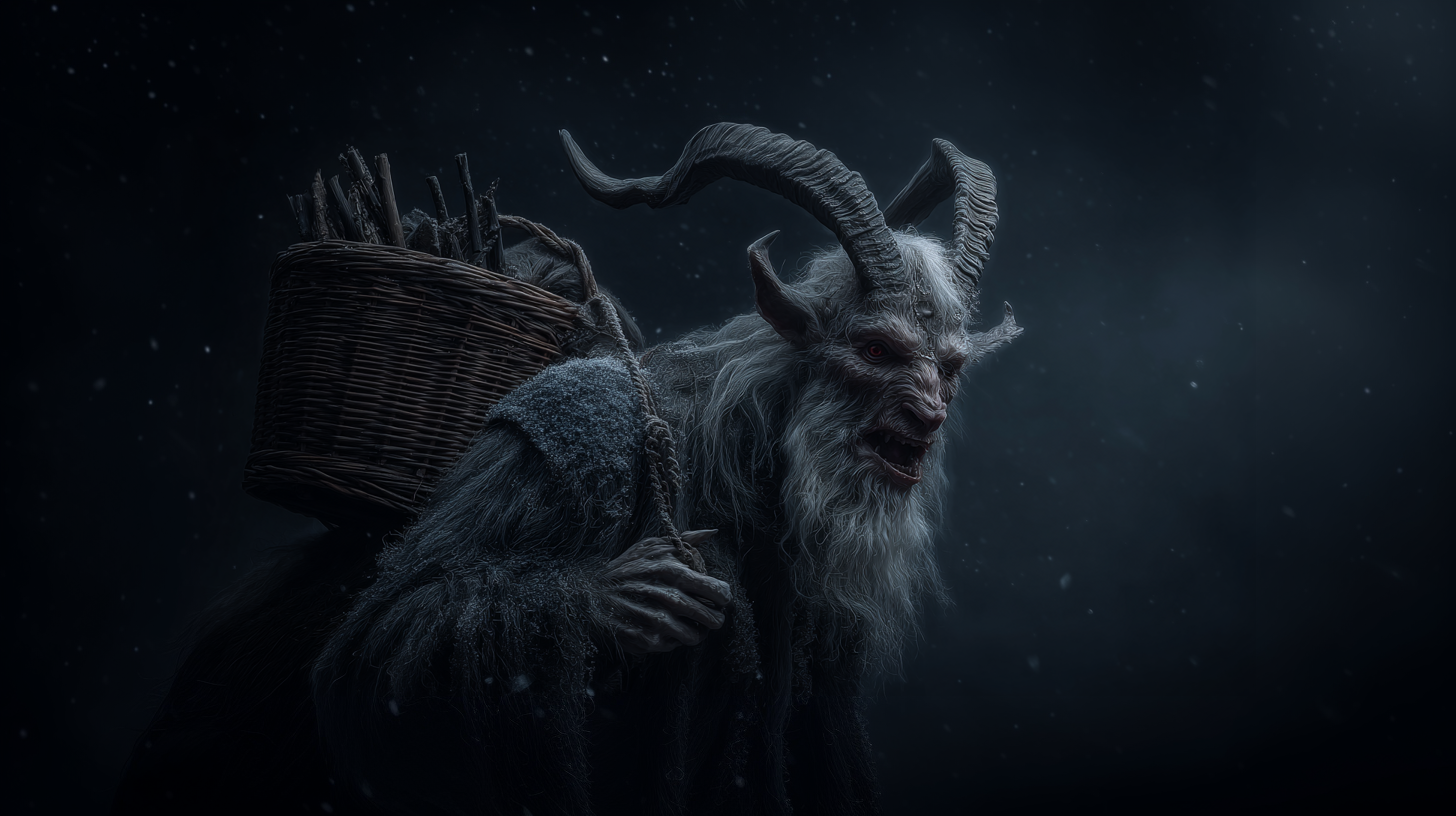 Goat-like Krampus creature with horns and a basket on a dark background