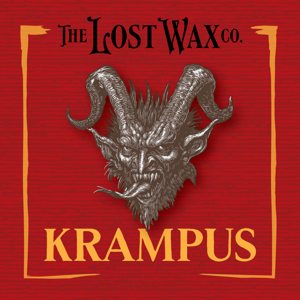 Krampus design with 'The Lost Wax Co.' text on a red background
