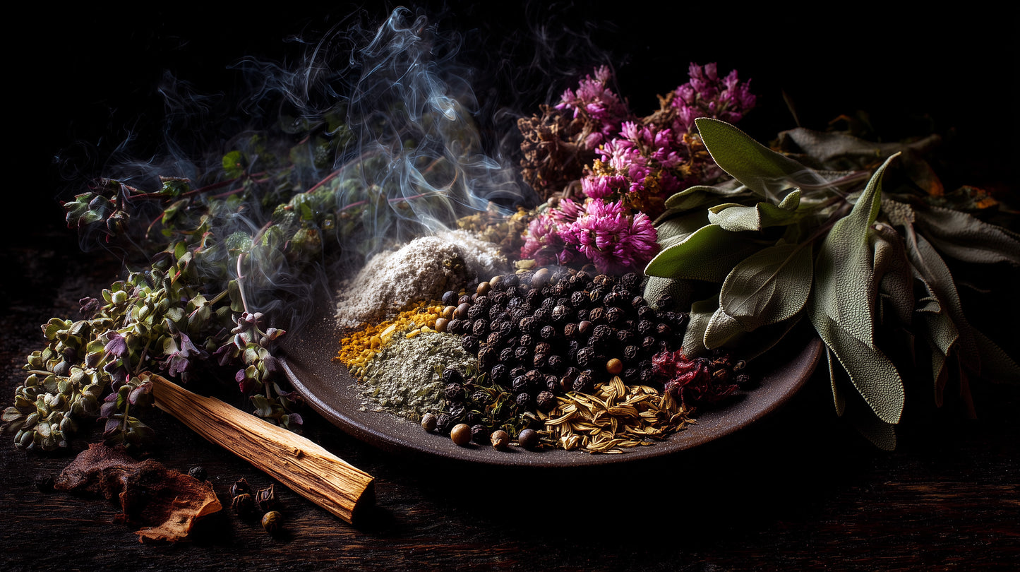 Spices and herbs on a dark background with smoke