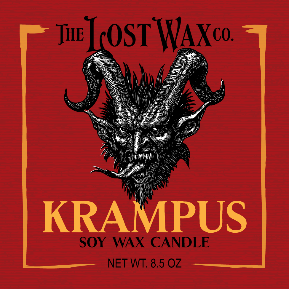 Label for 'Krampus' soy wax candle from The Lost Wax Co. on a red background with a black and white illustration of Krampus.