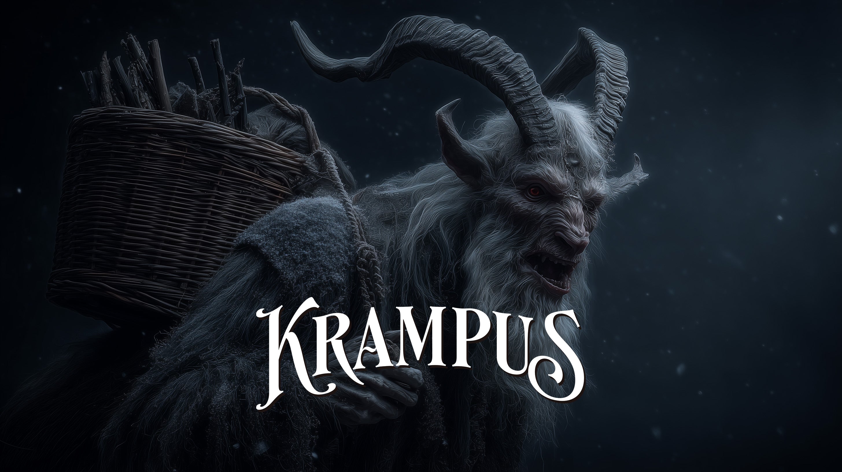 Dark illustration of Krampus with the word 'Krampus' in white text.